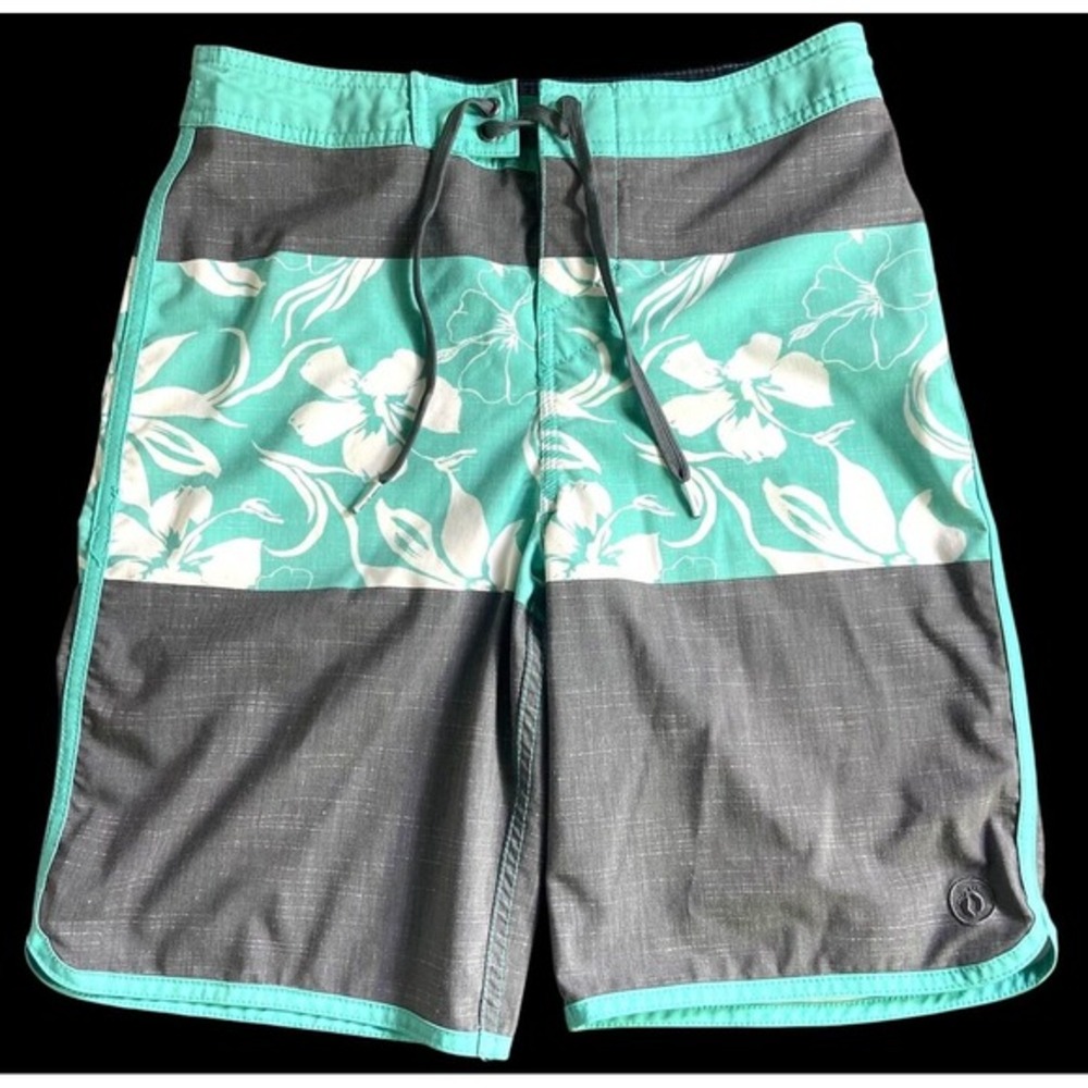 Hang‎ Ten Boys Swim Trunks Teal Gray Shorts Floral Size Large 14/16